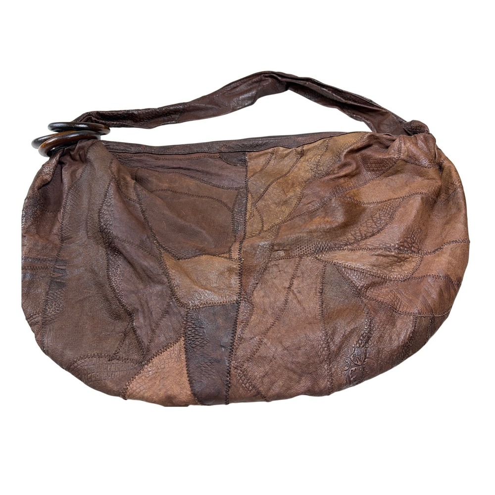 Sereta Brown Patchwork Leather Hobo Bag Oversized Slouchy Bag Wood‎ Rings